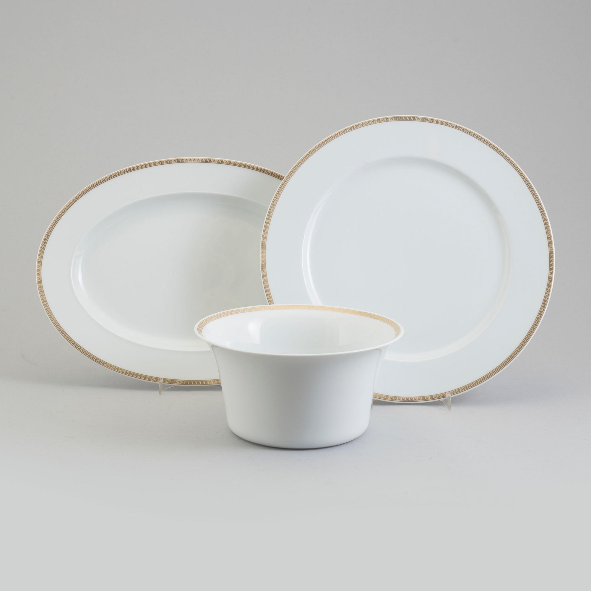 UPPLÄGGNINGSFAT 2 st SAMT SKÅL, porslin, Médaillon Méandre d'Or, Ikarus, Versace för Rosenthal.