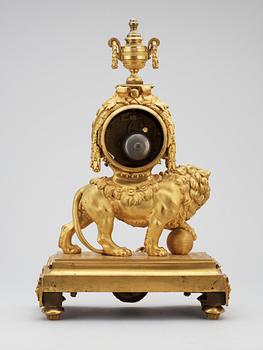 A French Louis XVI 1770's gilt bronze Lion mantel clock signed "Ageron a Paris nr 428".