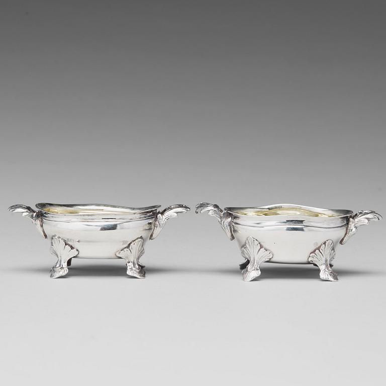 A mached pair of Swedish Rococo parcel-gilt silver salt-cellars, mark of Johan Bergengren, Kristianstad 1777 and 1780.