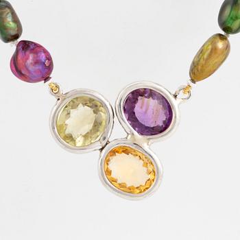 Cultured dyed freshwater pearl necklace, clasp with amethyst, prasiolite and citrine.