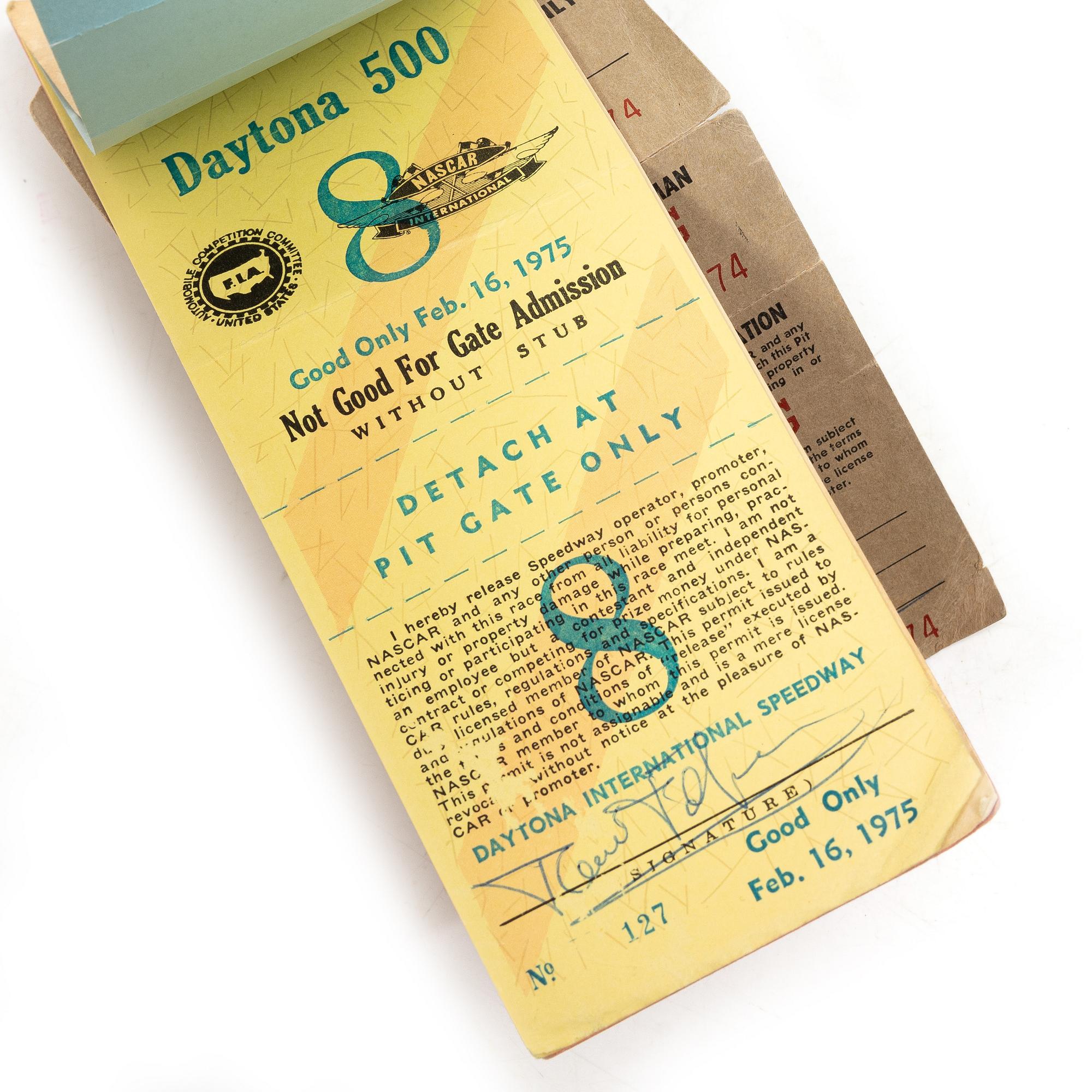 Balaclava/fire hood and access pass for the IROC races at Daytona in February 1975.