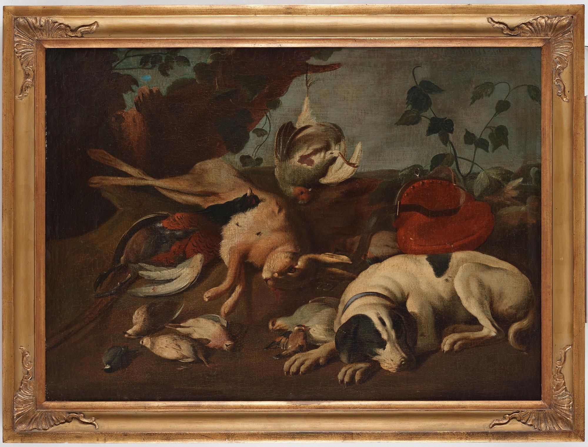 David Klöcker Ehrenstrahl Hans krets, Jaktstilleben med hund, hare och fåglar.