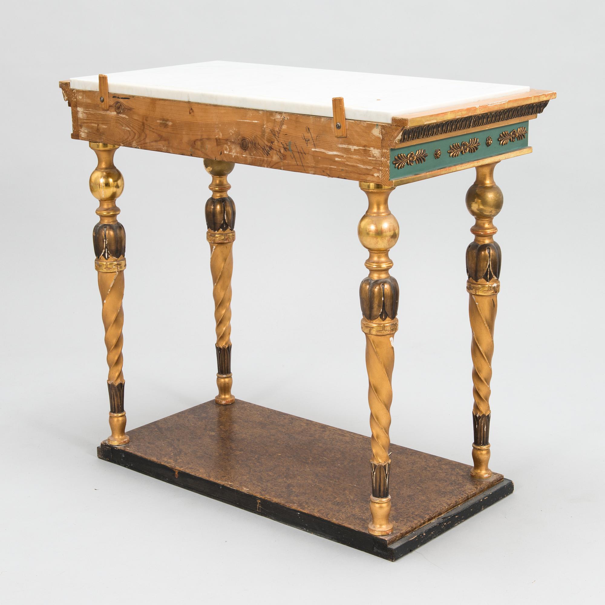 An early 20th century mirror with console table in late Gustavian style.