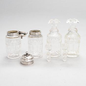 Glass and sterling silver cruet stand, maker's marks of Samuel Hennell and Robert Hennell III, London 1811 and 1879.