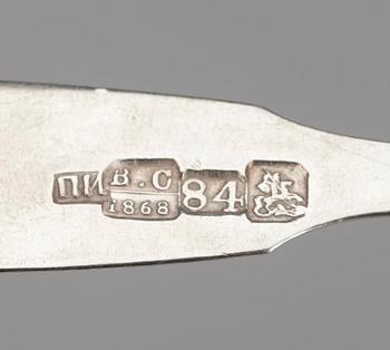 TESKEDAR, 6 st, 84 silver, Moskva 1868. Vikt ca 130,9 g.