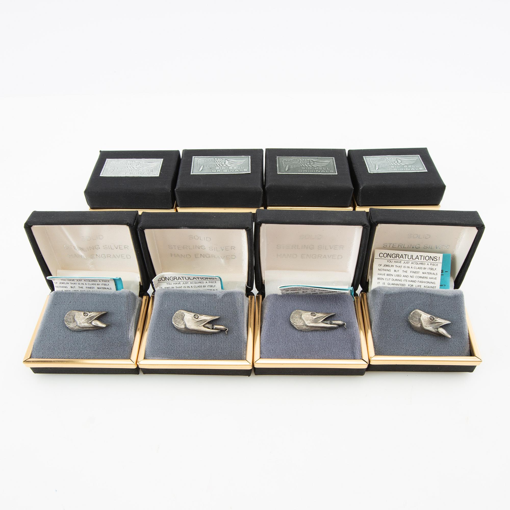 Side bell push pins 8 pcs in the form of a pike with a pull sterling silver, late 20th century.