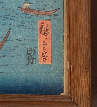 Ando Utagawa Hiroshige, Three woodblock prints. From "One Hundred Famous Views of Edo" and "Pictures of Famous Places in the Sixty-odd Provinces.