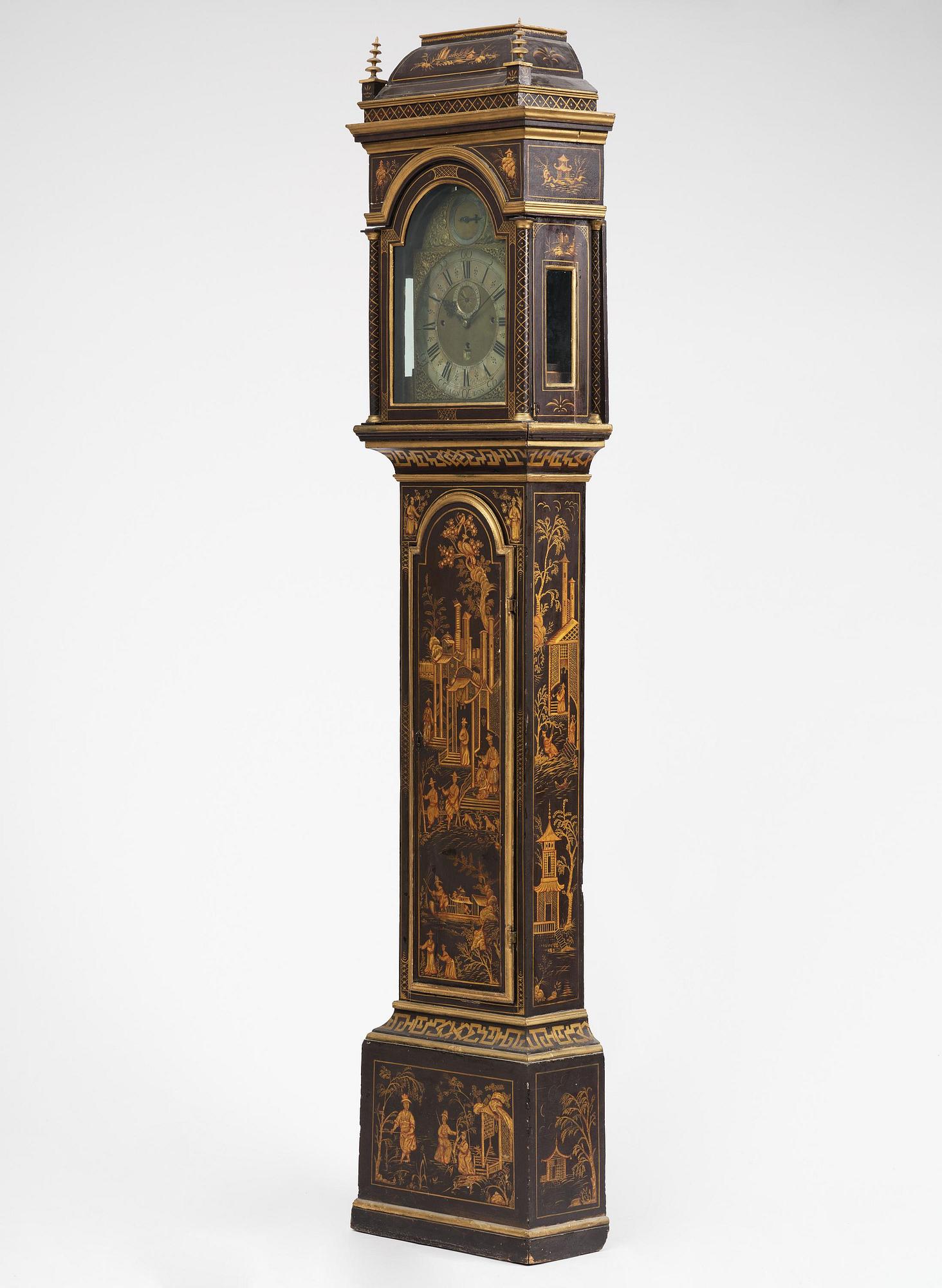 A George II japanned musical longcase clock by William Barrow (watchmaker in London 1700-36).
