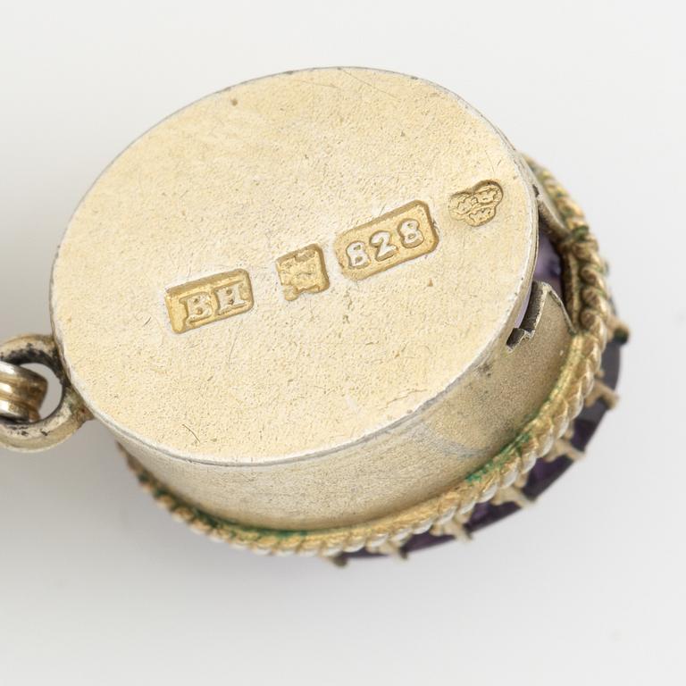 Garniture, necklace and bracelet silver with amethysts, brooch gold-coloured metal with purple paste stones,