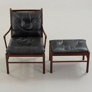 Ole Wanscher, a stained mahogany and black leather 'Colonial Chair PJ 149' and ottoman, Poul Jeppesen, Denmark.