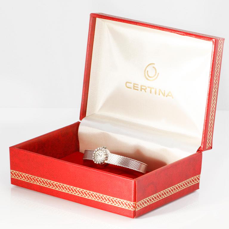 ARMBANDSUR, 18k vitguld, 16 briljantslipade diamanter, Certina, Schweiz, omkring 1900-talets mitt. Total vikt 26 g.