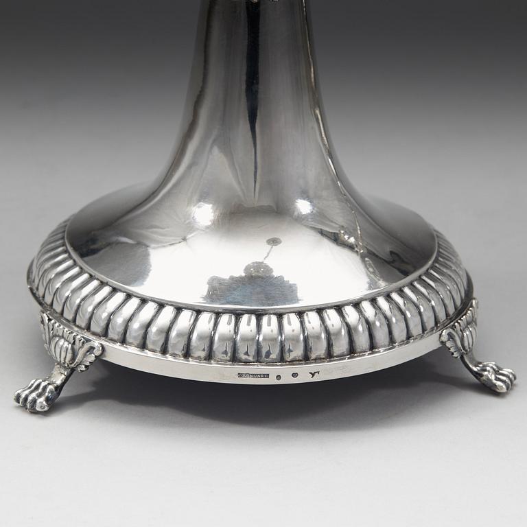 A pair of Swedish 19th century silver candelabra, Johan Petter Grönvall, Stockholm 1830.