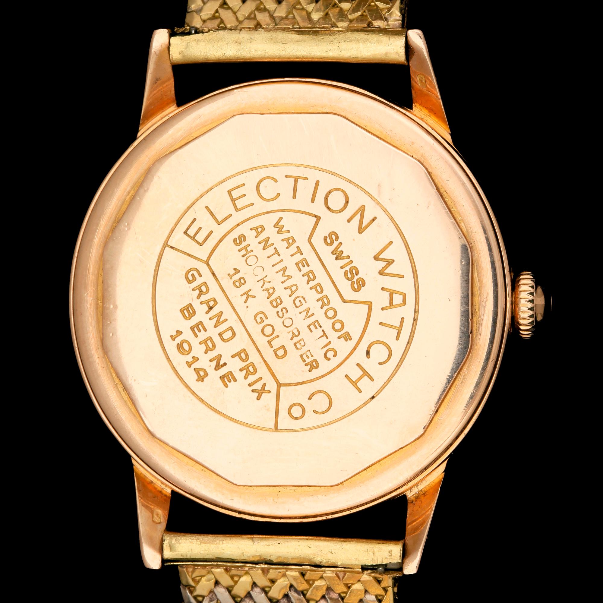 ARMBANDSUR, med stelt armband 18k guld, Election Watch Company, Grand Prix Election 1914. 1940-tal. Tot vikt 77g.