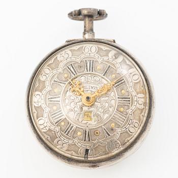 A double-case silver pocket watch by Sam Weldon (watchmaker in London, fl. ca 1740-80).