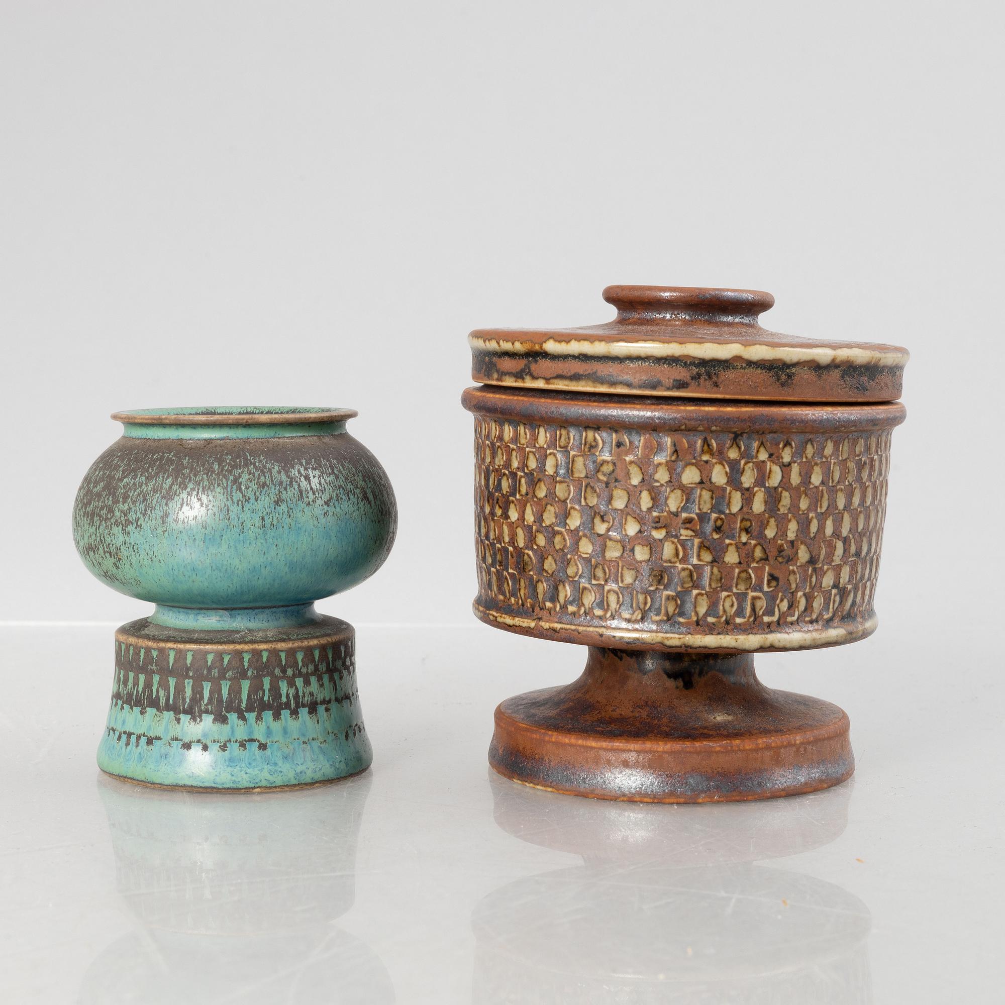 Stig Lindberg, a lidded stoneware bowl and a vase, Gustavsberg Studio 1963 and 1965.