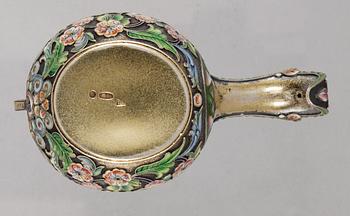 A RUSSIAN PARCEL-GILT AND ENAMEL KOVSH, makers mark of the 11th Artel, Moscow 1908-1917.