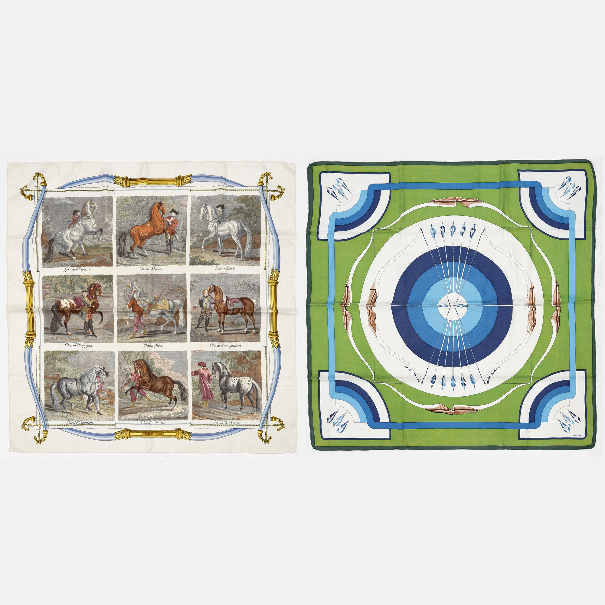 Hermès, scarves, 2 pcs, "Arcs en Ciel" & "Chevaux du Monde".