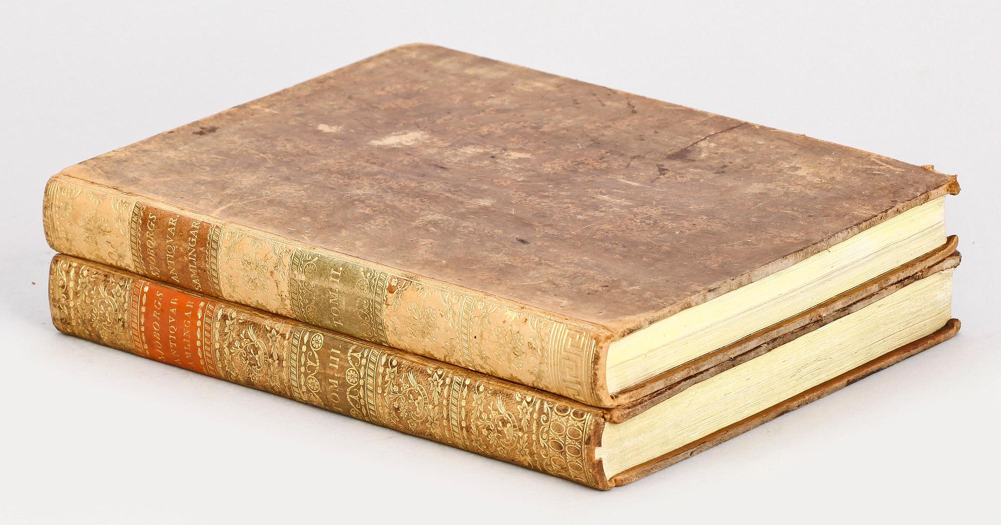 DELAR AV BOKVERK, vol II-III, "Samlingar för Nordens Fornälskare" av NH Sjöborg, Stockholm 1824 resp 1830.