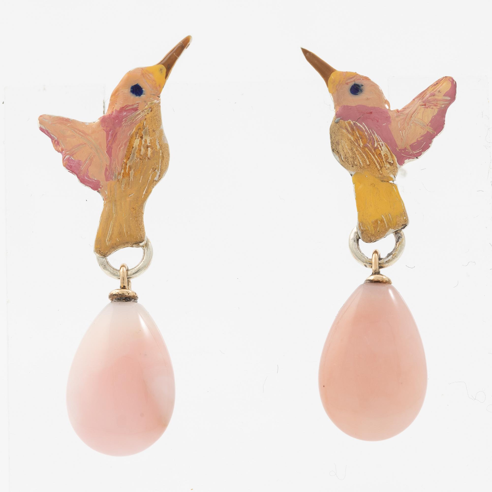 Earrings, silver, gold and enamel in the form of a hummingbird with pink opal, Mandelstam.