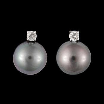 8. A pair of Tahiti pearl, 13 mm, and diamond, circa 0.36 ct, earrings.