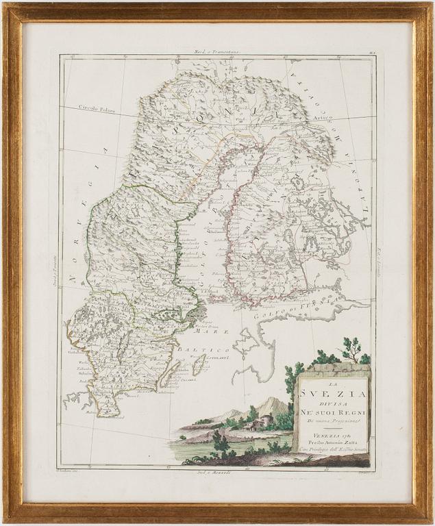 KARTA, handkolorerad etsning, "La Svezia", Giuliano Zuliani, daterad 1781.