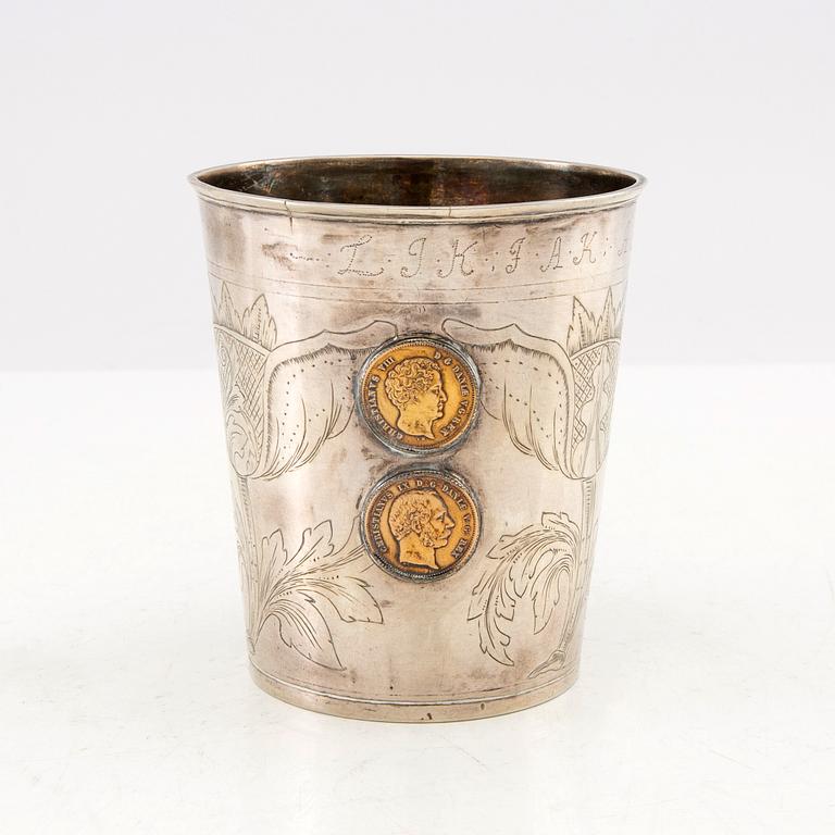 Lars Björn(sen), silver goblet, Kristiansand Norway, active 1757-1795(97), with five inset gold coins.