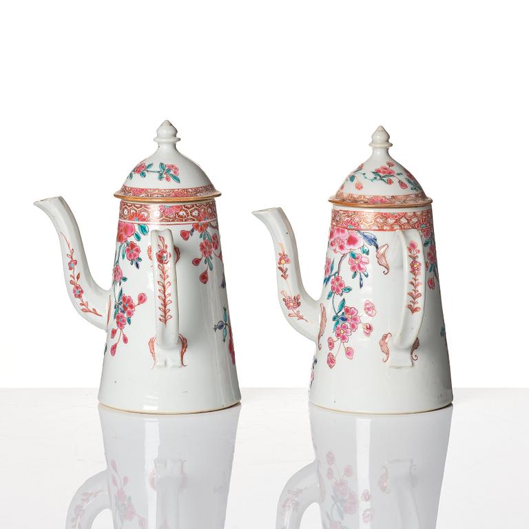 A pair of famille rose coffee pots with covers, Qing dynasty, Qianlong (1736-95).