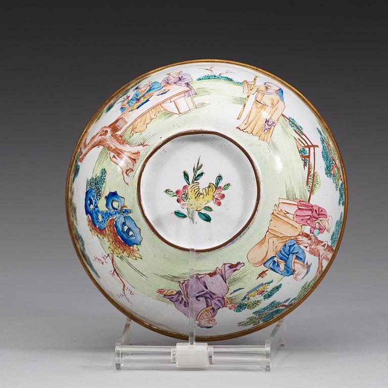 An enamel on copper bowl with figures in a garden, Qing dynasty, Qianlong (1736-95).