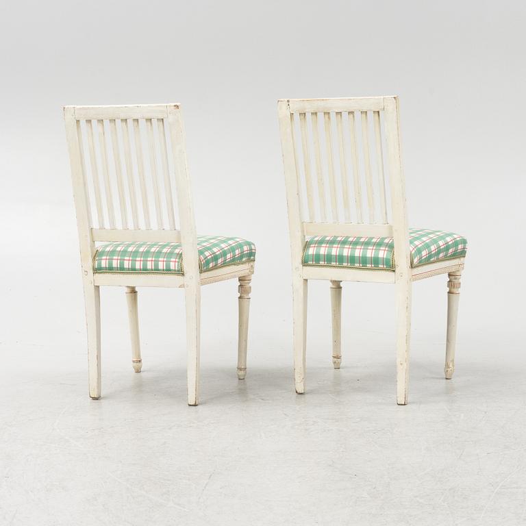 A pair of late Gustavian chairs, around the year 1800.