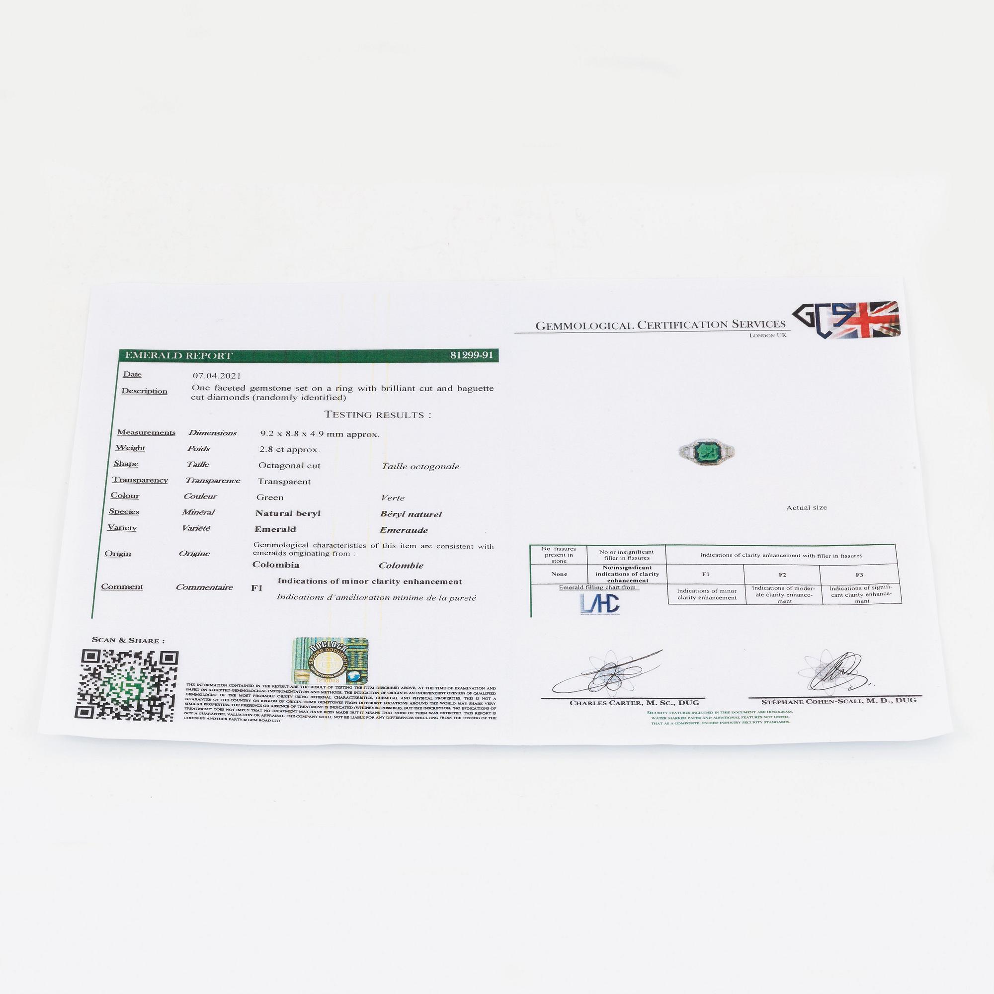 A Bulgari "Trombino" ring in platinum set with a step-cut emerald and round brilliant- and baguette-cut diamonds.