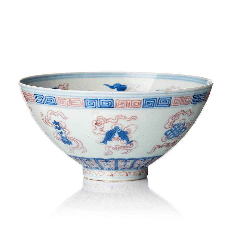 An underglaze blue and iron red bats bowl, China, possibly Republic, 20th century.