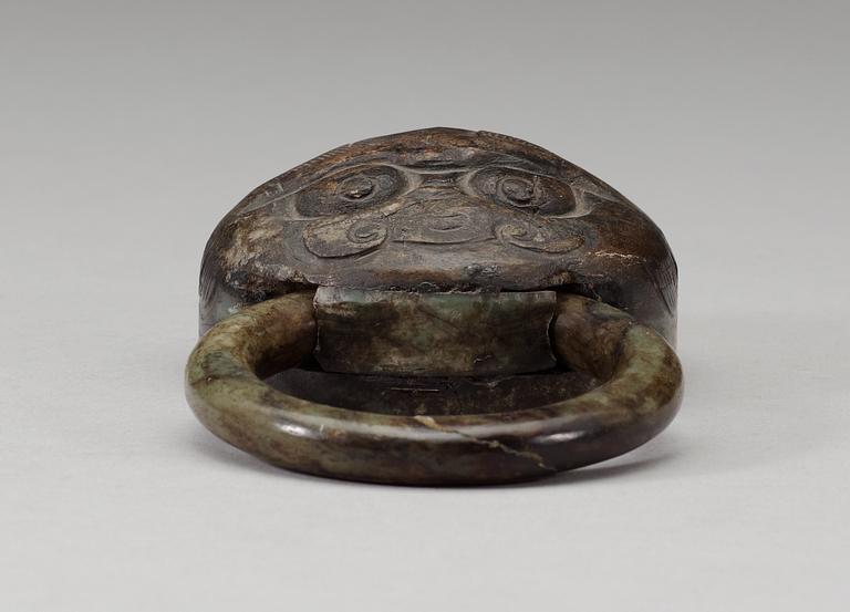 An archaistic mascaron with ring handle, presumably Qing dynasty.