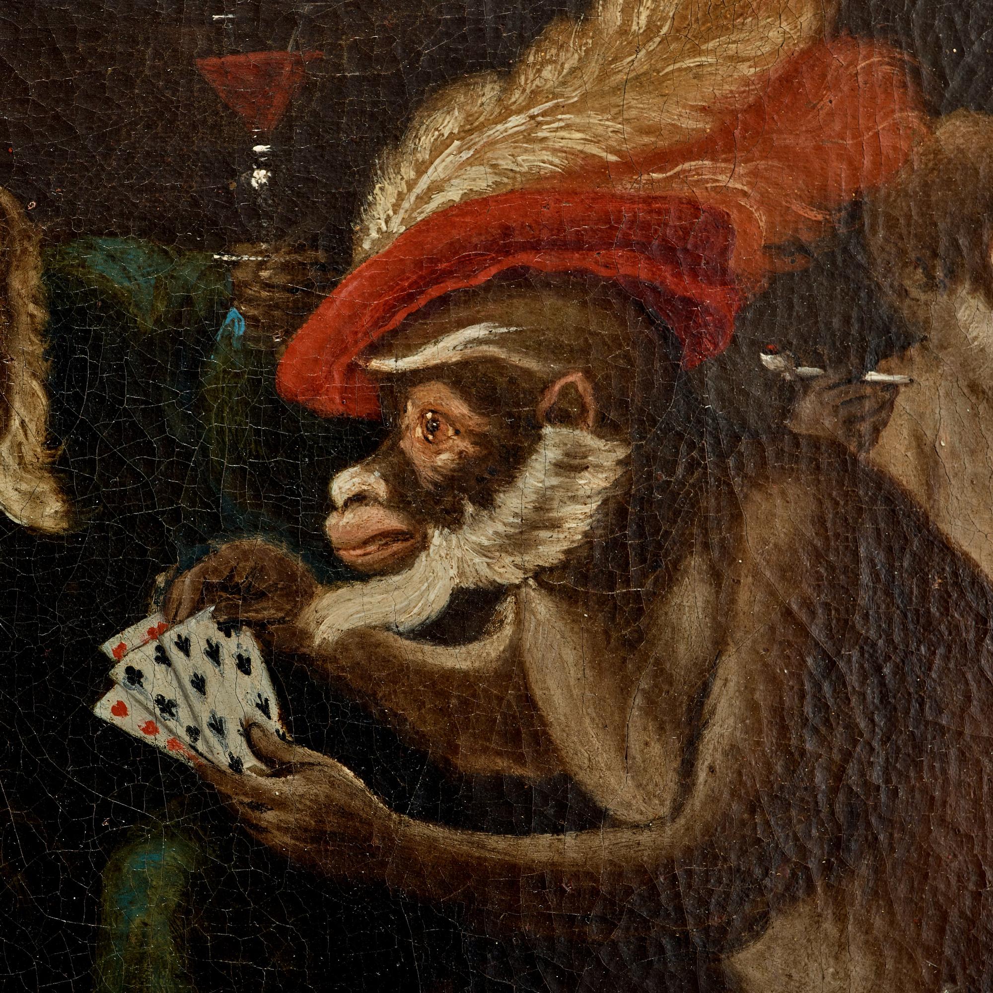 Abraham Teniers Follower of, Card playing monkeys.