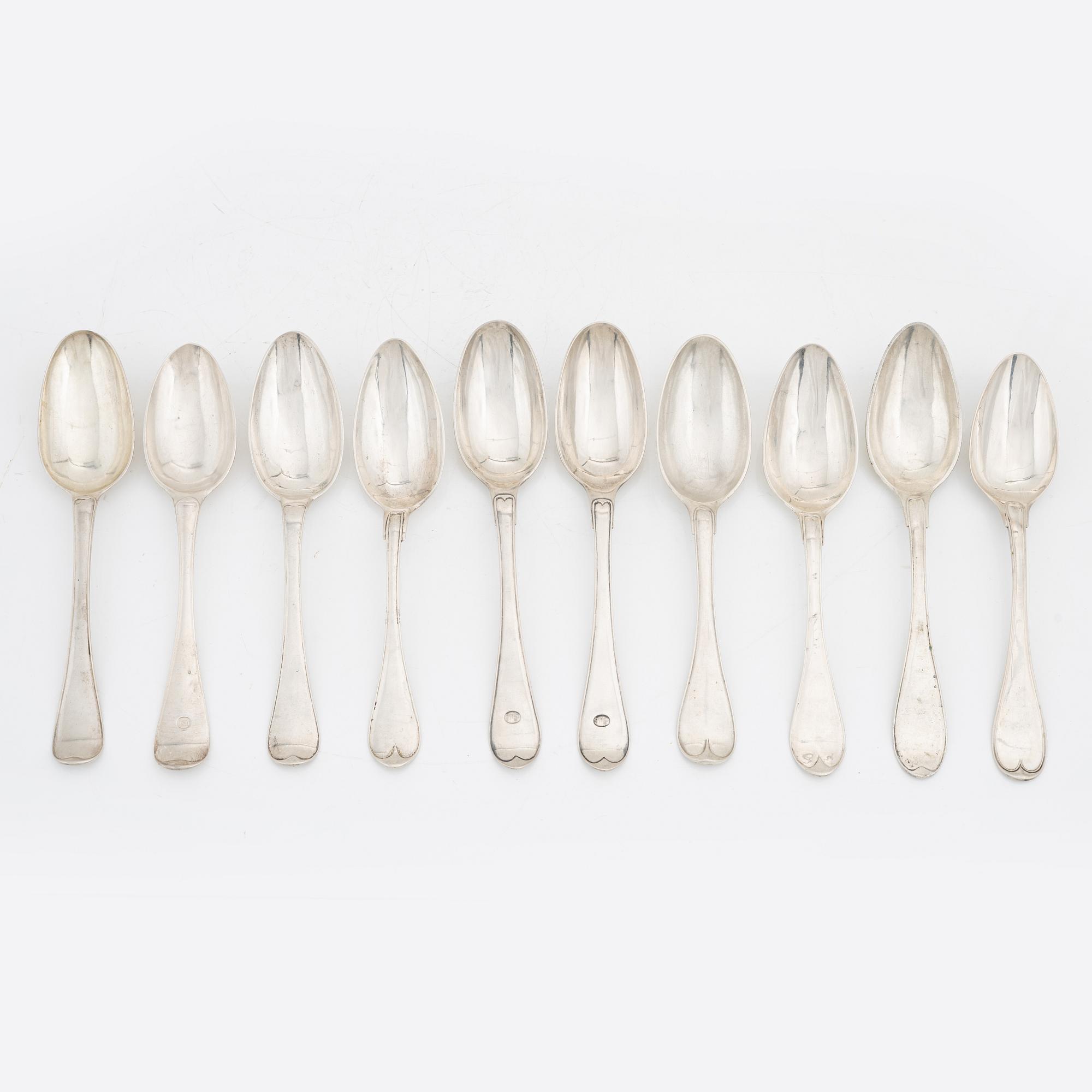 Ten silver spoons, Sweden, second half of the 18th century.