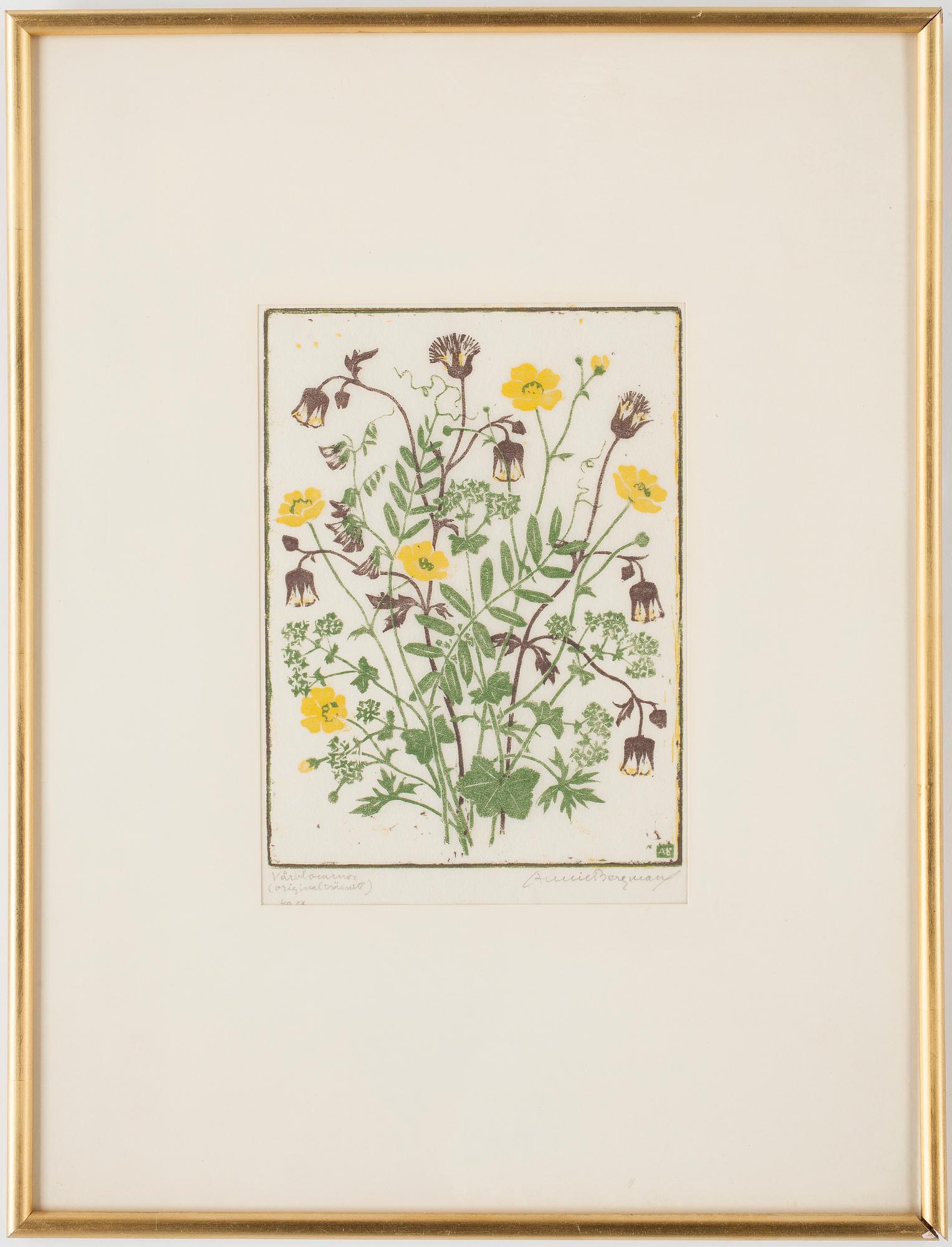 ANNIE BERGMAN, 3 st, färgträsnitt, signerad.