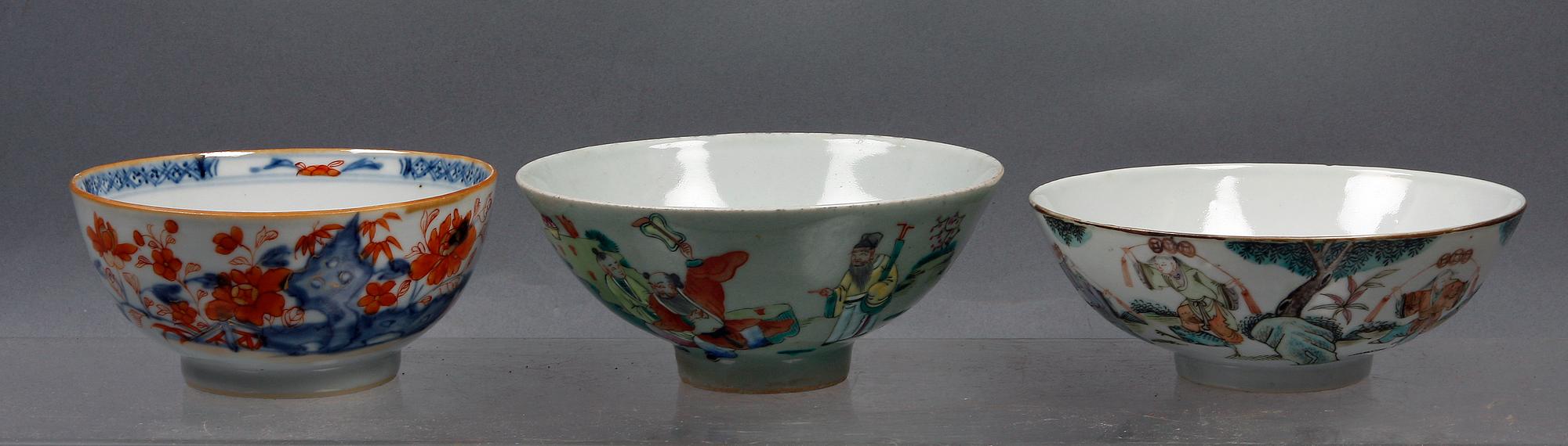 SKÅLAR, 3 st. Porslin, Kina, 1700/1800-tal.