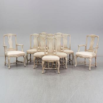 EIGHT CHAIRS AND A PAIR OF ARMCHAIRS, Rococo-style, 20th century.