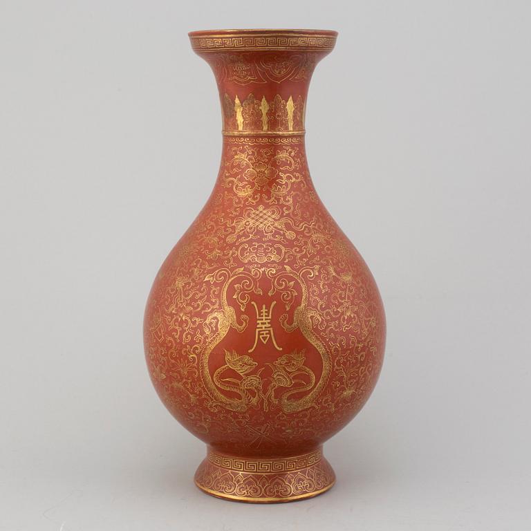 A Chinese coral red vase, 20th century.