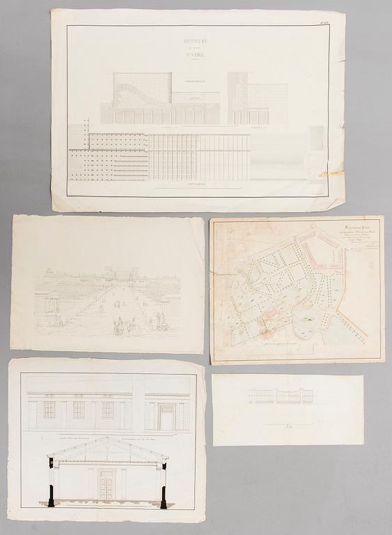 ARKKITEHTIPIIRUSTUKSIA JA KOPIOITA ALKUPERÄISISTÄ PIIRUSTUKSISTA, 5 kpl, Ernst Lohrmann ja väitetty, 1830-40-luku.