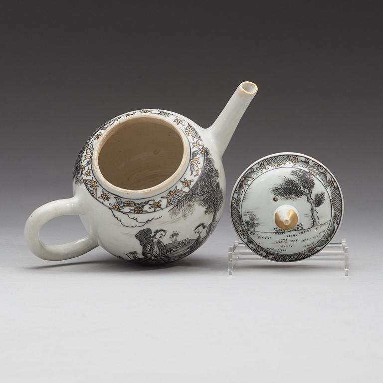 A grisaille 'European Subject' tea pot with cover and stand, Qing dynasty, Qianlong (1736-95).