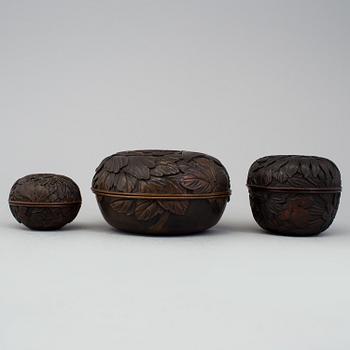 Three Japanese wooden boxes with covers, early 20th Century.