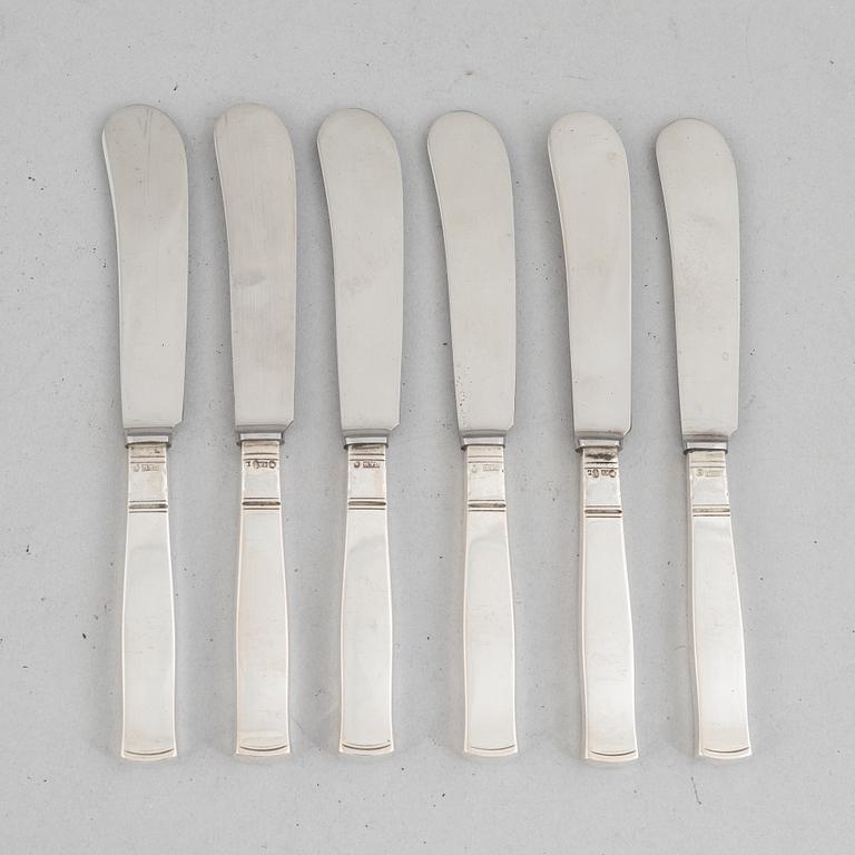 Jacob Ängman, six silver butter knives, model 'Rosenholm', GAB, Stockholm 1951-57.