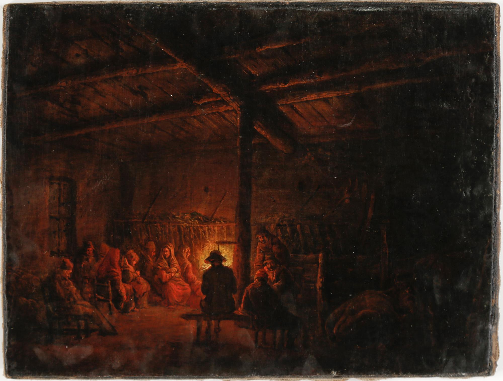 ALEXANDER LAURÉUS, Interiör med allmogefolk runt en eld.