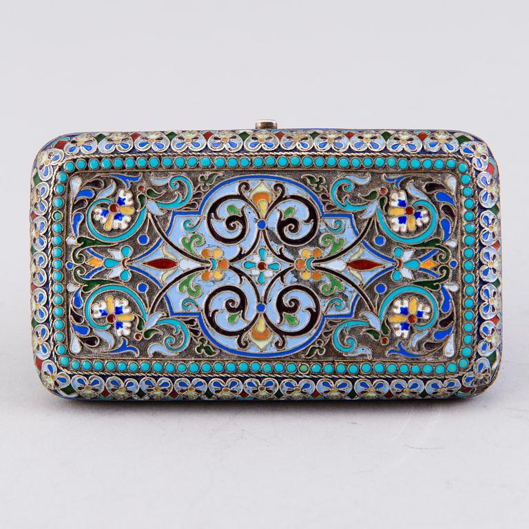 A CIGARETTE CASE, silver (88) and cloisonné enamel, Ovchinnikov, Moscow 1887, Russia.