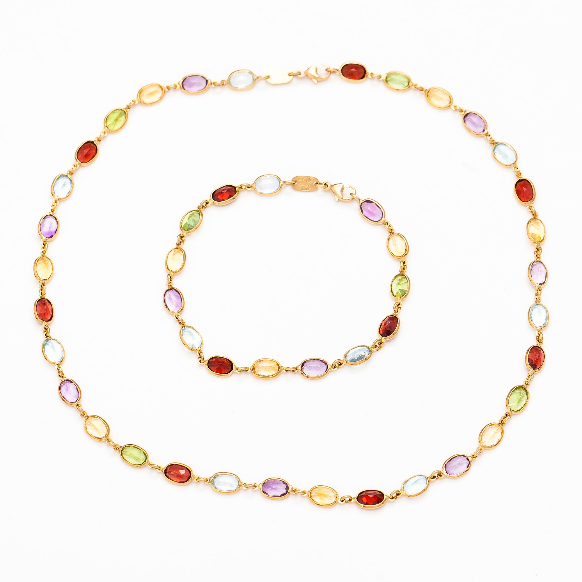 HALSBAND och ARMBAND, 18K guld, granater, peridoter, topaser, citriner och ametister. Le-Gi, Italien.