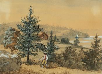 Anna Palm de Rosa, Lake landscape with a man with a scythe.