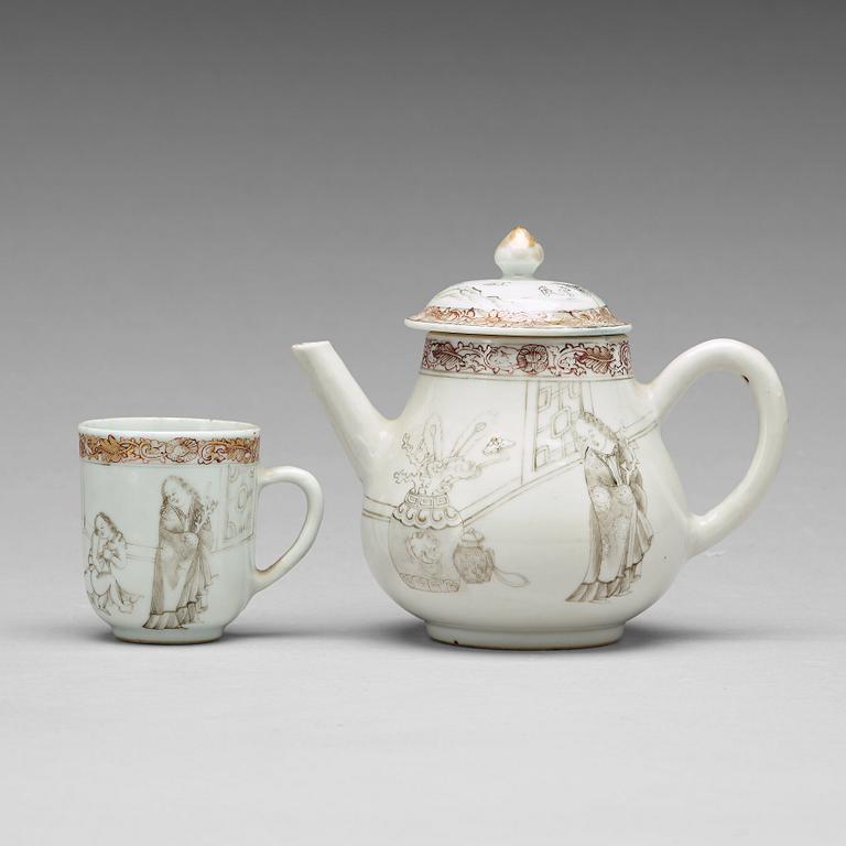 A grisaille and gold tea pot with cover and cup, Qing dynasty, Yongzheng (1723-35).