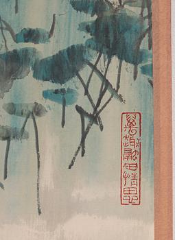 A hanging scroll, by Wang Mingming (1952-), 'Lotus', signed.