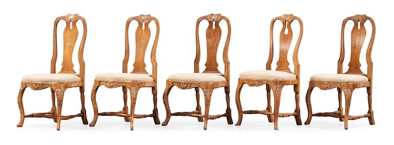 Five (4+1) Swedish Rococo 18th century chairs.