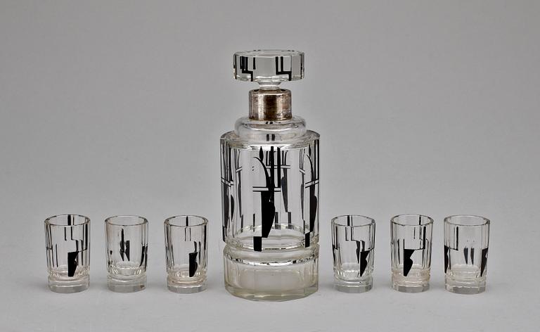 KARAFF samt GLAS, 6 st, glas, Art deco omkring år 1930.